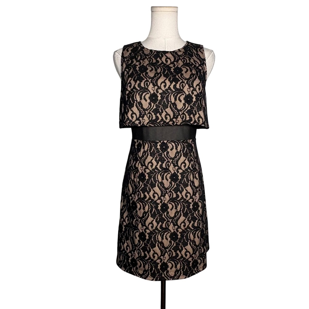 Forever 21 Womens Black Floral Lace Popover Sheath Dress Mesh Back Medium